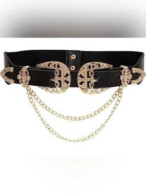 NEW Pebby Forevee Black Leather Belt with Gold Double Buckle & Chains OS Western